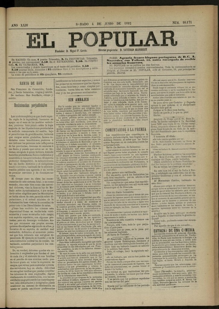 Miniatura de El Popular: diario independiente, político, literario y de noticias de interés general del 4 de junio de 1892, nº 10171