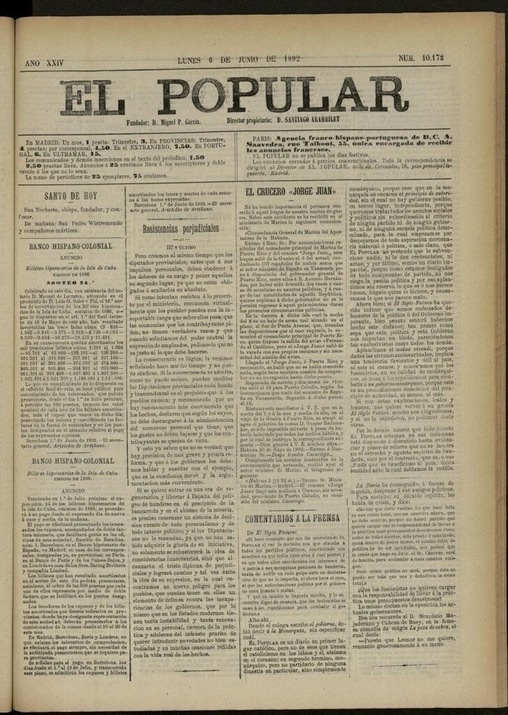 Miniatura de El Popular: diario independiente, político, literario y de noticias de interés general del 6 de junio de 1892, nº 10172