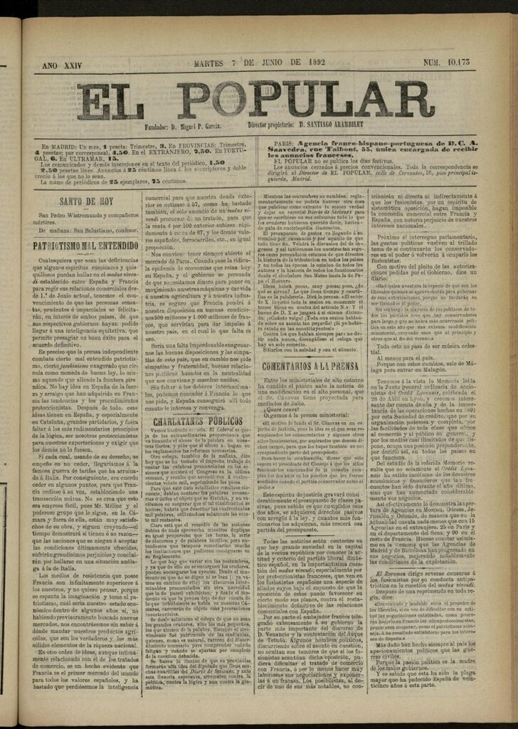 Miniatura de El Popular: diario independiente, político, literario y de noticias de interés general del 7 de junio de 1892, nº 10173