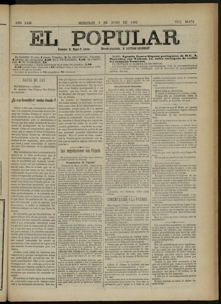 Miniatura de El Popular: diario independiente, político, literario y de noticias de interés general del 8 de junio de 1892, nº 10174