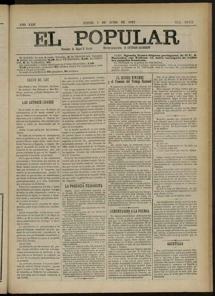 Miniatura de El Popular: diario independiente, político, literario y de noticias de interés general del 9 de junio de 1892, nº 10175