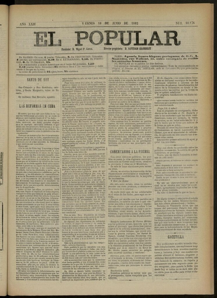 Miniatura de El Popular: diario independiente, político, literario y de noticias de interés general del 10 de junio de 1892, nº 10176