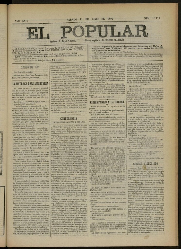 Miniatura de El Popular: diario independiente, político, literario y de noticias de interés general del 11 de junio de 1892, nº 10177