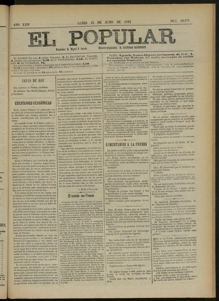 Miniatura de El Popular: diario independiente, político, literario y de noticias de interés general del 13 de junio de 1892, nº 10178