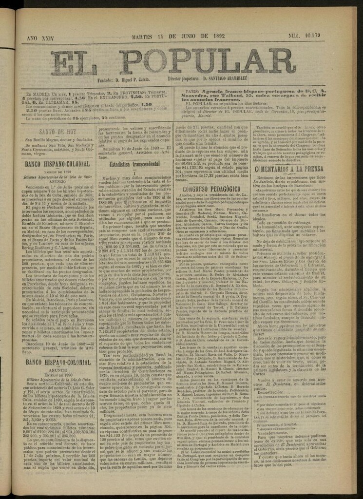 Miniatura de El Popular: diario independiente, político, literario y de noticias de interés general del 14 de junio de 1892, nº 10179