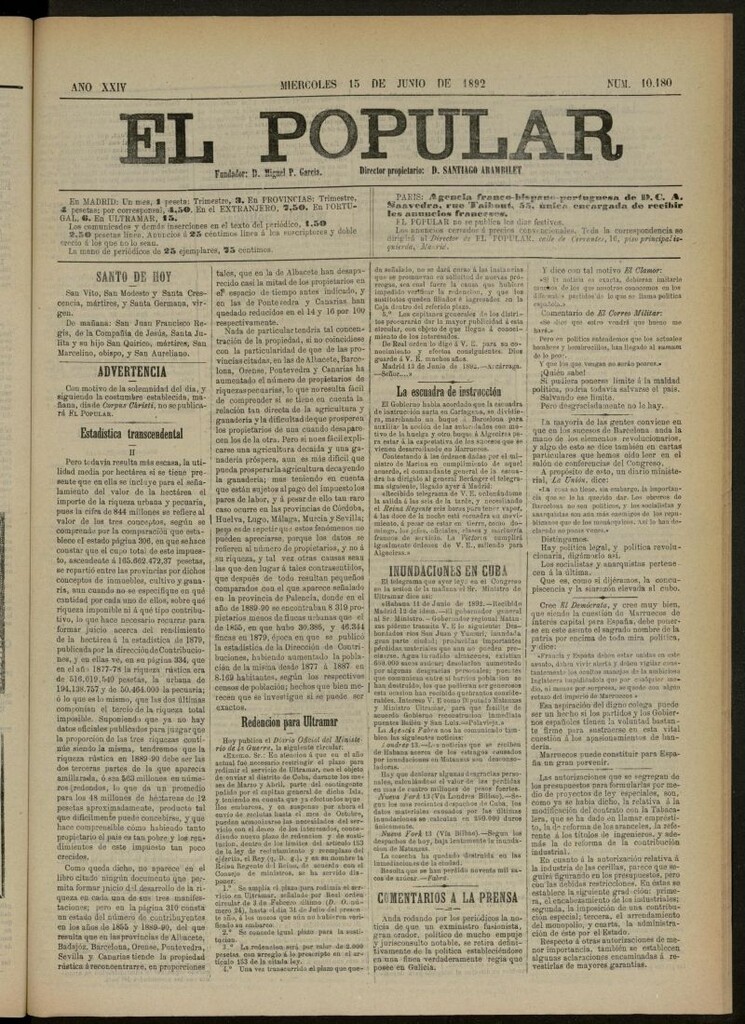 Miniatura de El Popular: diario independiente, político, literario y de noticias de interés general del 15 de junio de 1892, nº 10180