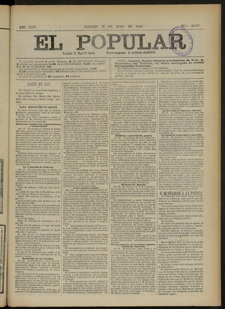 Miniatura de El Popular: diario independiente, político, literario y de noticias de interés general del 17 de junio de 1892, nº 10181