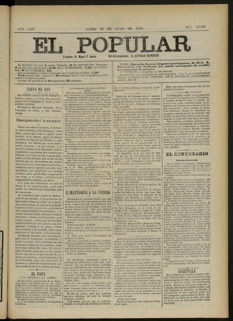 Miniatura de El Popular: diario independiente, político, literario y de noticias de interés general del 20 de junio de 1892, nº 10183