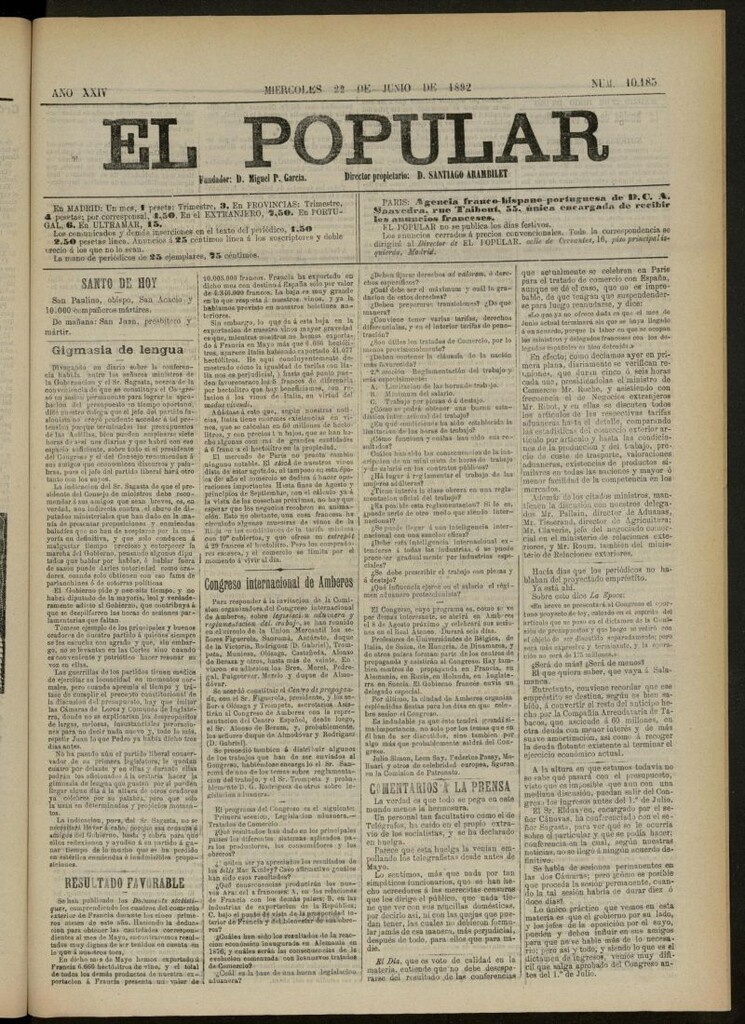 Miniatura de El Popular: diario independiente, político, literario y de noticias de interés general del 22 de junio de 1892, nº 10185
