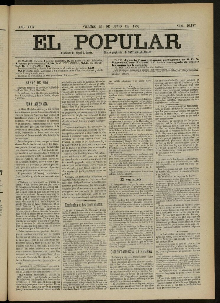 Miniatura de El Popular: diario independiente, político, literario y de noticias de interés general del 24 de junio de 1892, nº 10187