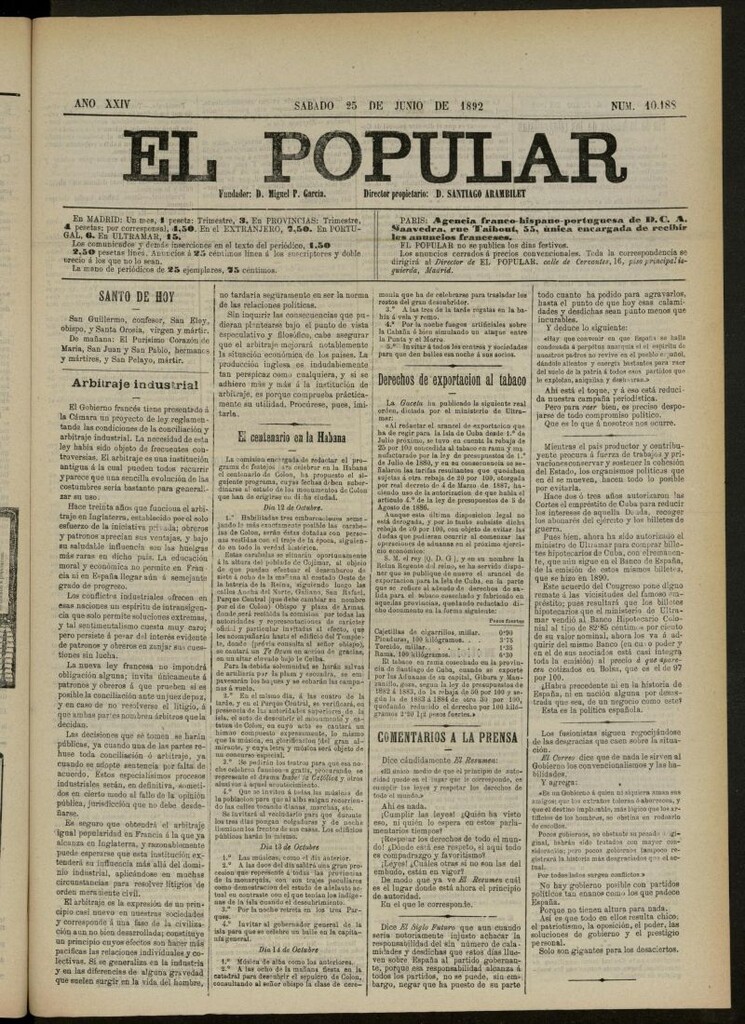 Miniatura de El Popular: diario independiente, político, literario y de noticias de interés general del 25 de junio de 1892, nº 10188