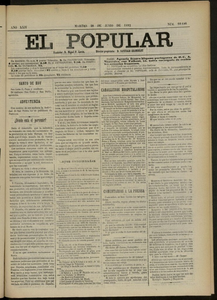 Miniatura de El Popular: diario independiente, político, literario y de noticias de interés general del 28 de junio de 1892, nº 10190