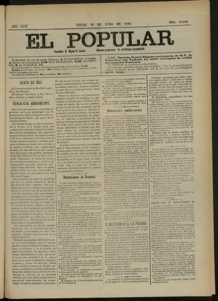 Miniatura de El Popular: diario independiente, político, literario y de noticias de interés general del 30 de junio de 1892, nº 10191
