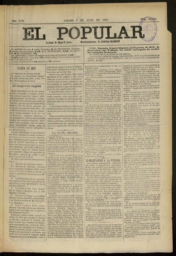 Miniatura de El Popular: diario independiente, político, literario y de noticias de interés general del 2 de julio de 1892, Nº 10193