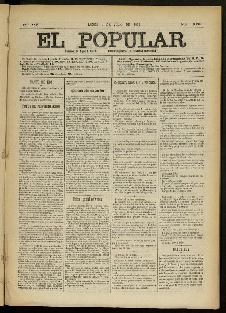 Miniatura de El Popular: diario independiente, político, literario y de noticias de interés general del 4 de julio de 1892, nº 10194