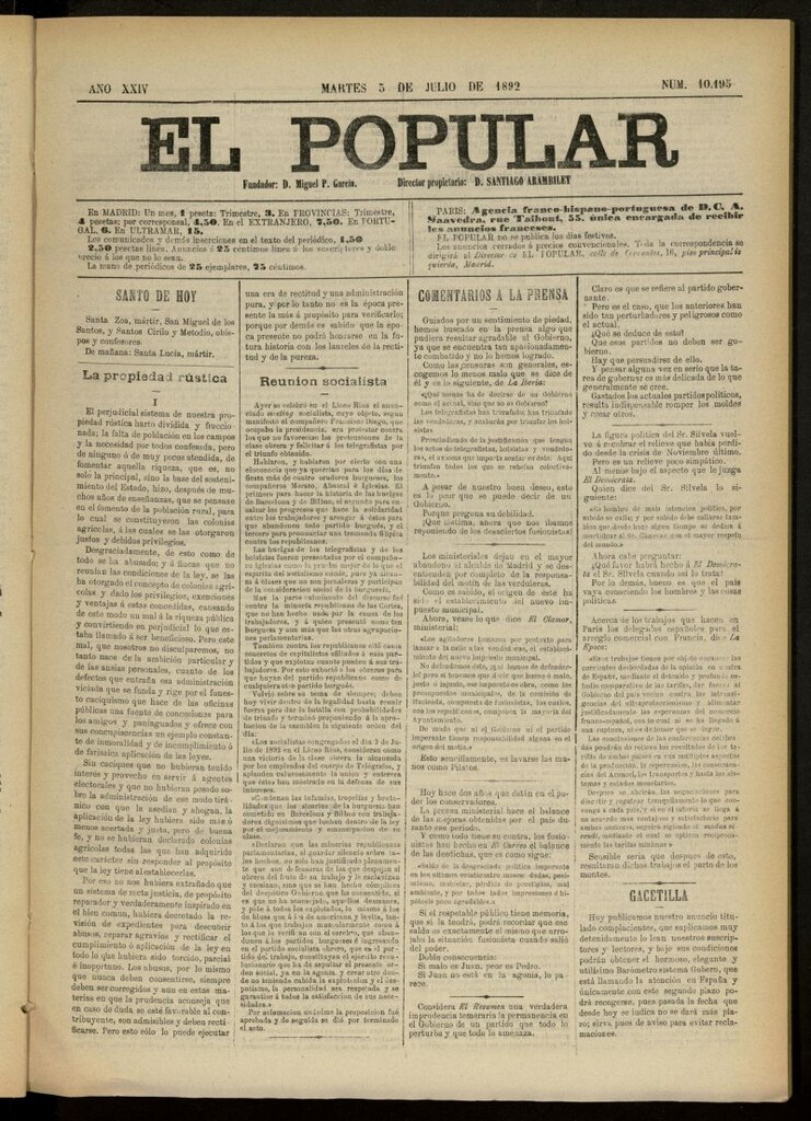 Miniatura de El Popular: diario independiente, político, literario y de noticias de interés general del 5 de julio de 1892, nº 10195