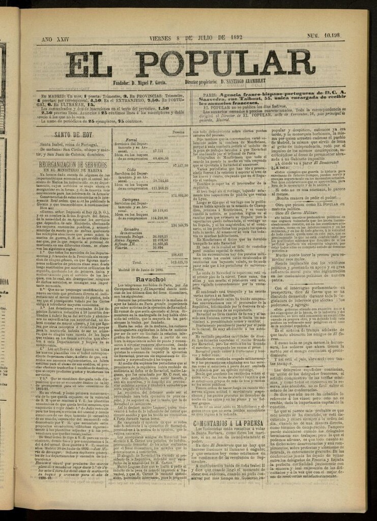 Miniatura de El Popular: diario independiente, político, literario y de noticias de interés general del 8 de julio de 1892, nº 10198
