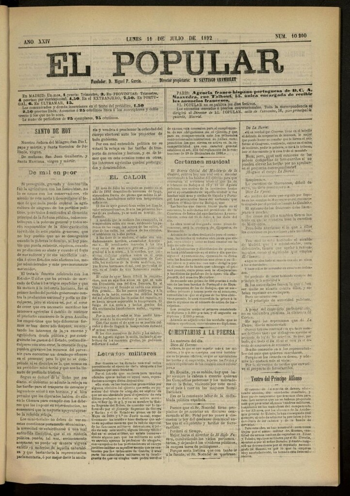Miniatura de El Popular: diario independiente, político, literario y de noticias de interés general del 11 de julio de 1892, nº 10200