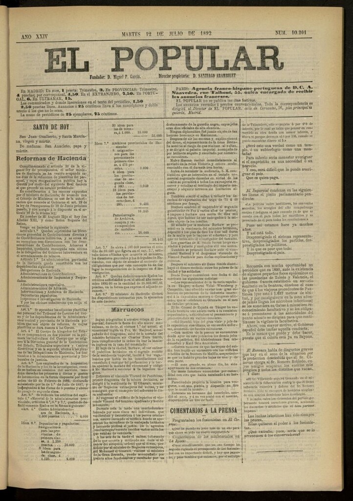Miniatura de El Popular: diario independiente, político, literario y de noticias de interés general del 12 de julio de 1892, nº 10201