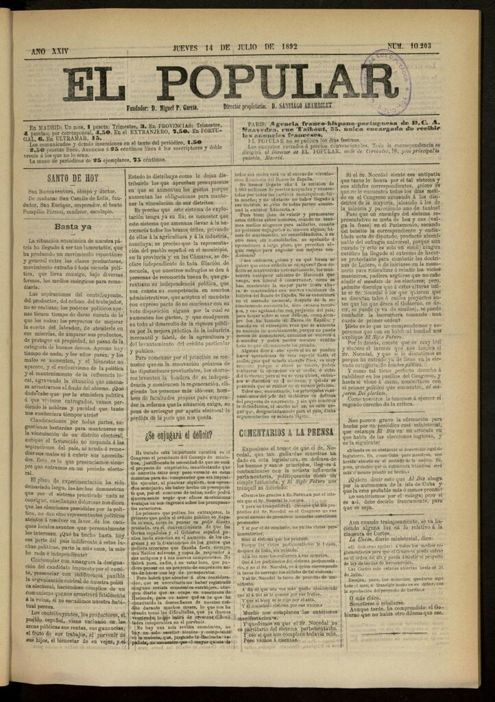 Miniatura de El Popular: diario independiente, político, literario y de noticias de interés general del 14 de julio de 1892, nº 10203