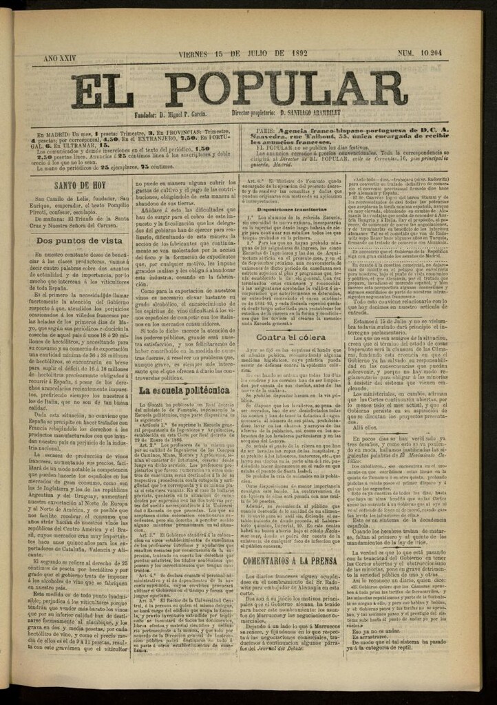 Miniatura de El Popular: diario independiente, político, literario y de noticias de interés general del 15 de julio de 1892, nº 10204