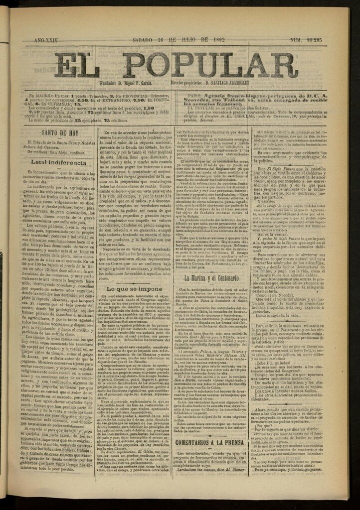 Miniatura de El Popular: diario independiente, político, literario y de noticias de interés general del 16 de julio de 1892, nº 10205