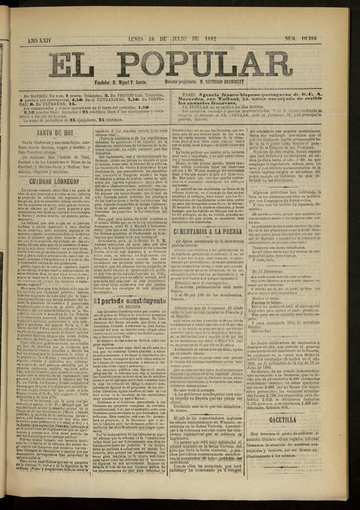 Miniatura de El Popular: diario independiente, político, literario y de noticias de interés general del 18 de julio de 1892, nº 10206