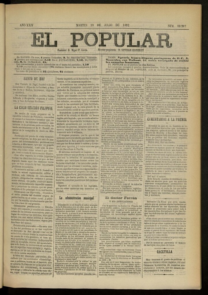 Miniatura de El Popular: diario independiente, político, literario y de noticias de interés general del 19 de julio de 1892, nº 10207