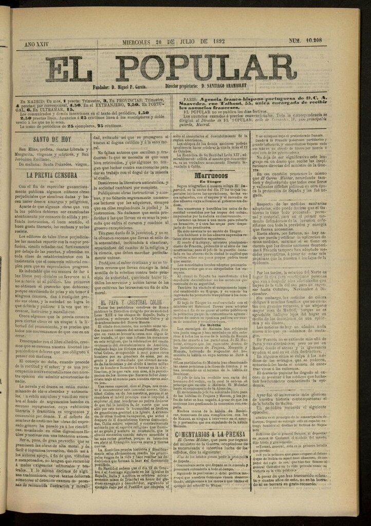 Miniatura de El Popular: diario independiente, político, literario y de noticias de interés general del 20 de julio de 1892, nº 10208