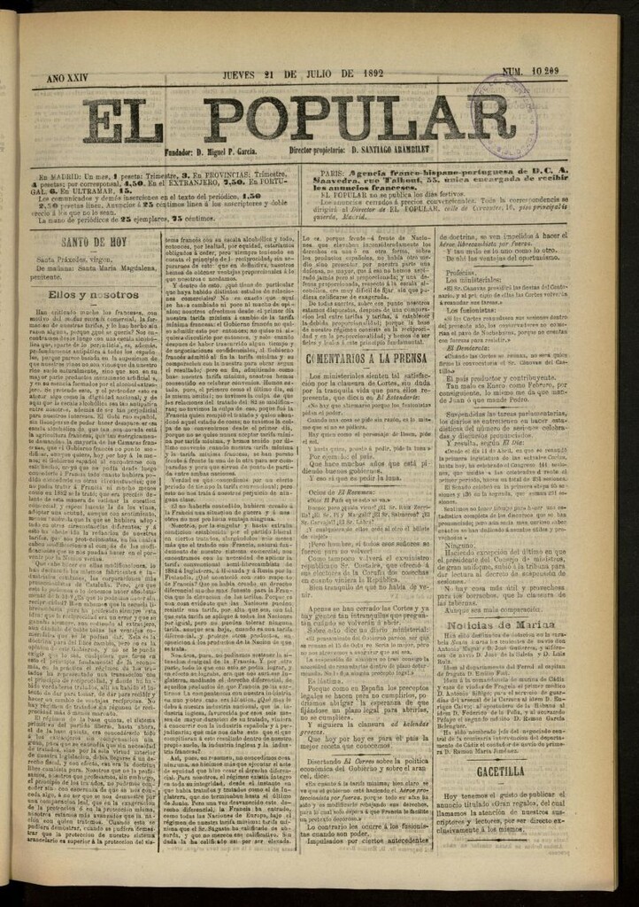 Miniatura de El Popular: diario independiente, político, literario y de noticias de interés general del 21 de julio de 1892, nº 10209