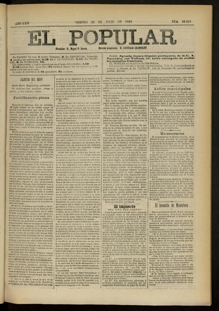 Miniatura de El Popular: diario independiente, político, literario y de noticias de interés general del 22 de julio de 1892, nº 10210