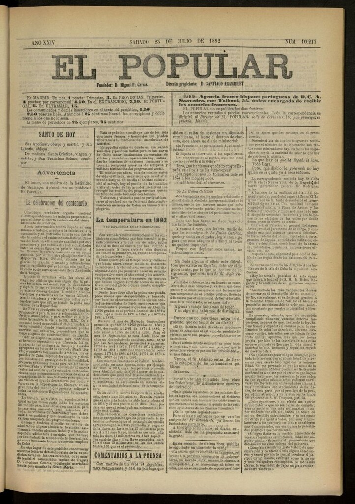 Miniatura de El Popular: diario independiente, político, literario y de noticias de interés general del 23 de julio de 1892, nº 10211