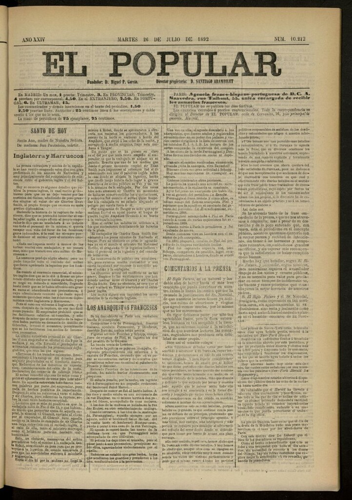 Miniatura de El Popular: diario independiente, político, literario y de noticias de interés general del 26 de julio de 1892, nº 10212