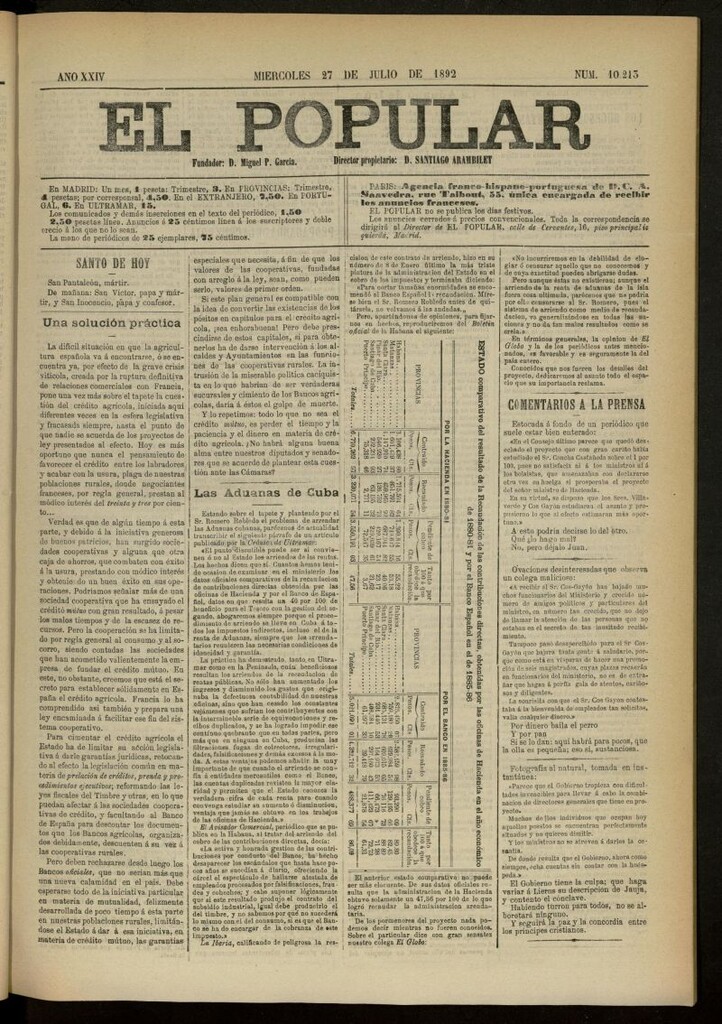 Miniatura de El Popular: diario independiente, político, literario y de noticias de interés general del 27 de julio de 1892, nº 10213