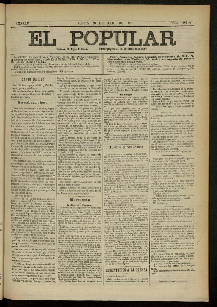 Miniatura de El Popular: diario independiente, político, literario y de noticias de interés general del 28 de julio de 1892, nº 10214