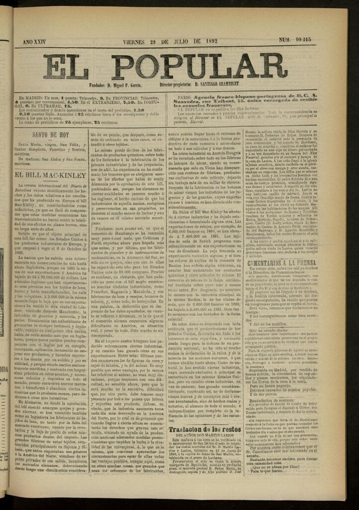 Miniatura de El Popular: diario independiente, político, literario y de noticias de interés general del 29 de julio de 1892, nº 10215