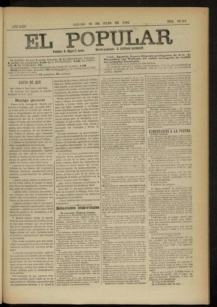 Miniatura de El Popular: diario independiente, político, literario y de noticias de interés general del 30 de julio de 1892, nº 10216