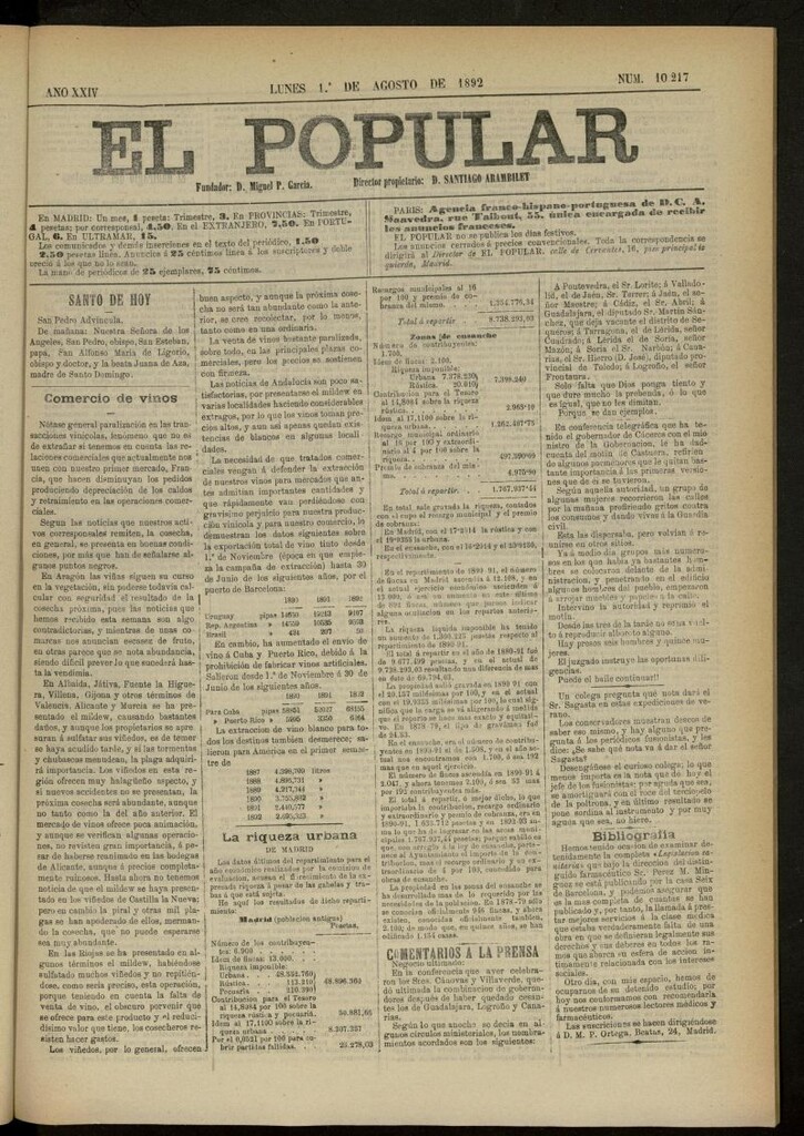 Miniatura de El Popular: diario independiente, político, literario y de noticias de interés general del 1 de agosto de 1892, nº 10217