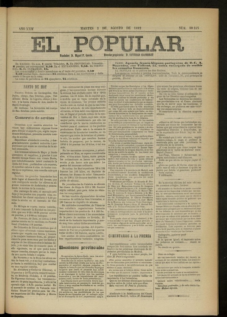 Miniatura de El Popular: diario independiente, político, literario y de noticias de interés general del 2 de agosto de 1892, nº 10218
