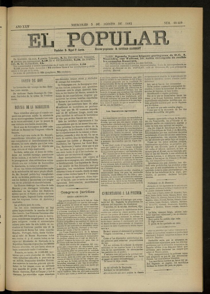 Miniatura de El Popular: diario independiente, político, literario y de noticias de interés general del 3 de agosto de 1892, nº 10219