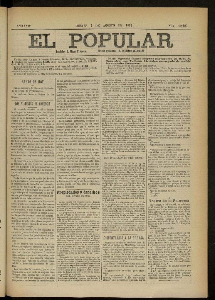 Miniatura de El Popular: diario independiente, político, literario y de noticias de interés general del 4 de agosto de 1892, nº 10220