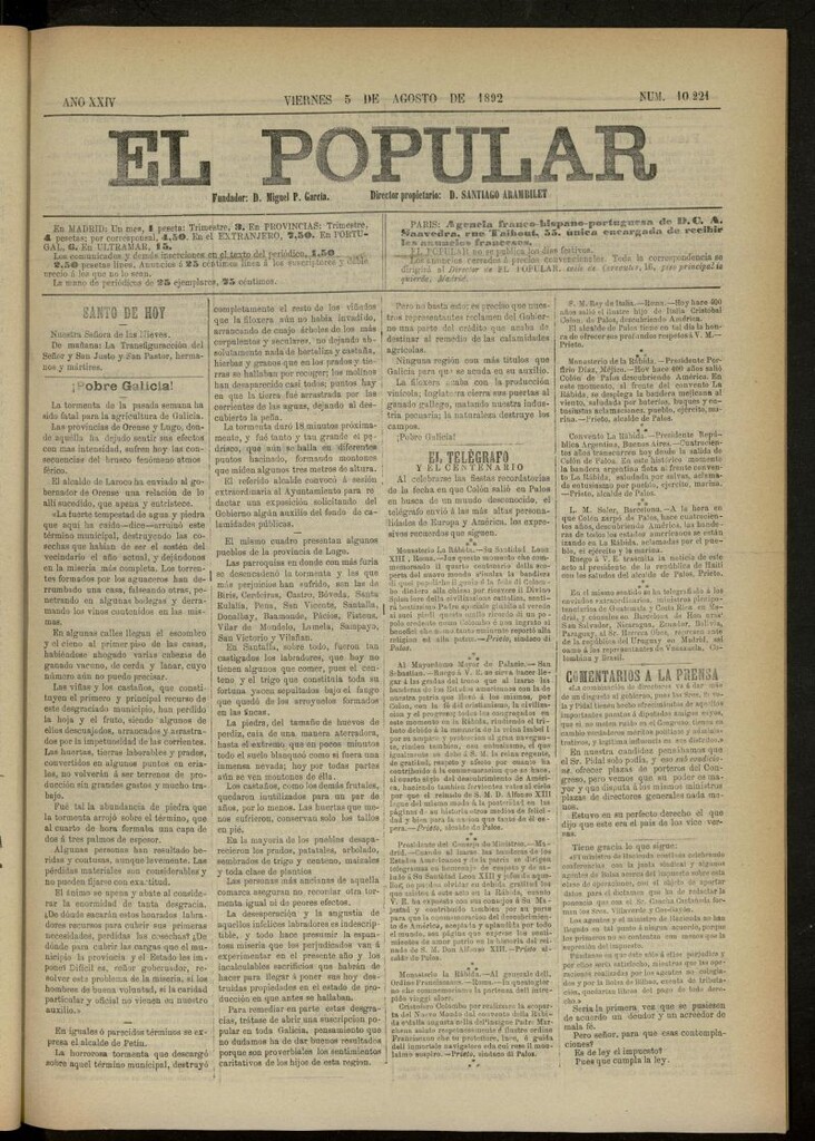 Miniatura de El Popular: diario independiente, político, literario y de noticias de interés general del 5 de agosto de 1892, nº 10221