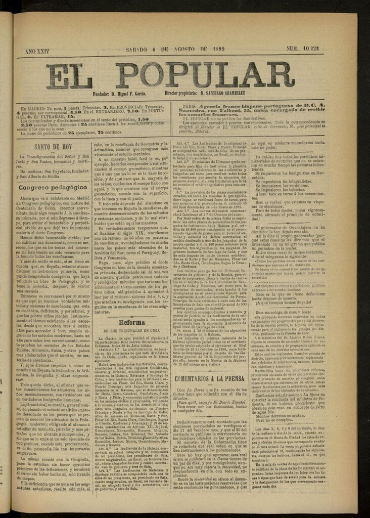 Miniatura de El Popular: diario independiente, político, literario y de noticias de interés general del 6 de agosto de 1892, nº 10222