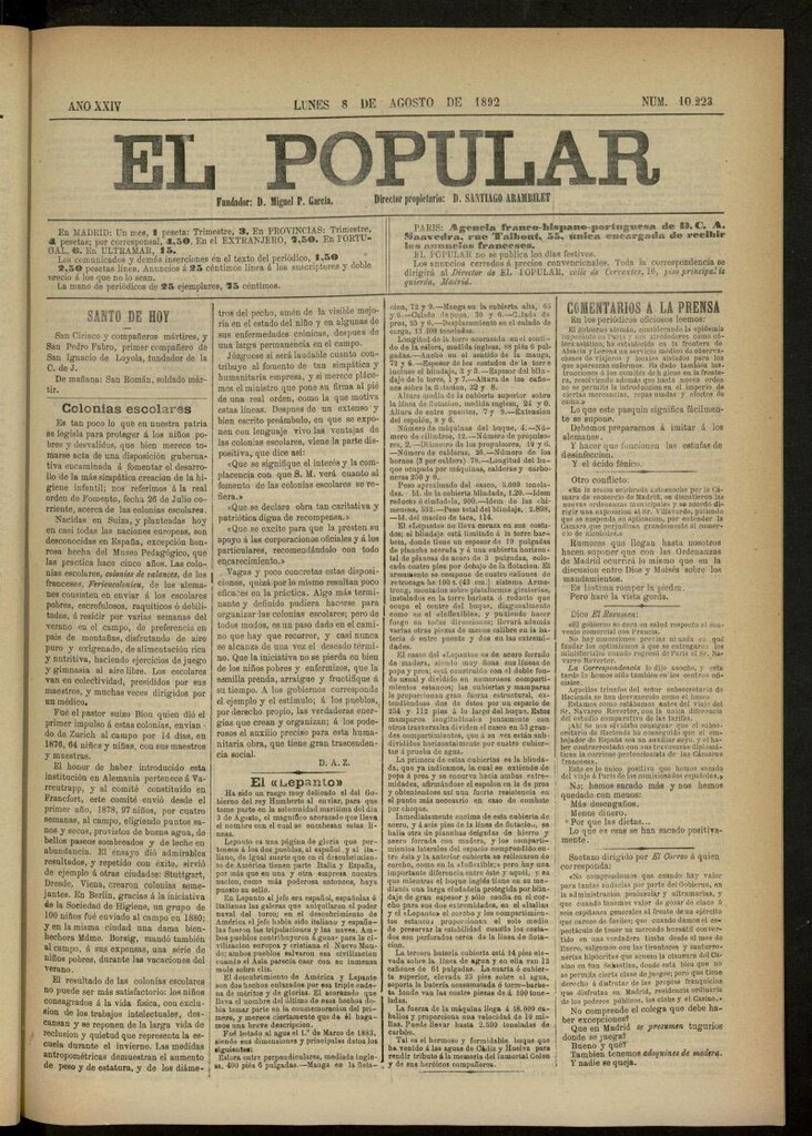 Miniatura de El Popular: diario independiente, político, literario y de noticias de interés general del 8 de agosto de 1892, nº 10223
