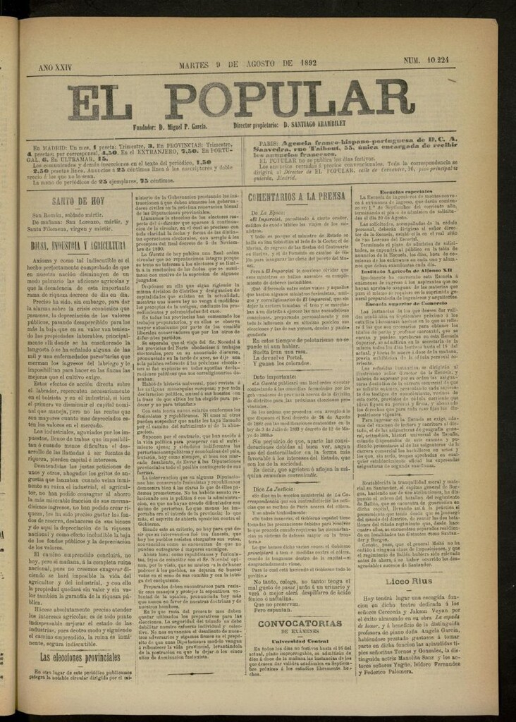 Miniatura de El Popular: diario independiente, político, literario y de noticias de interés general del 9 de agosto de 1892, nº 10224