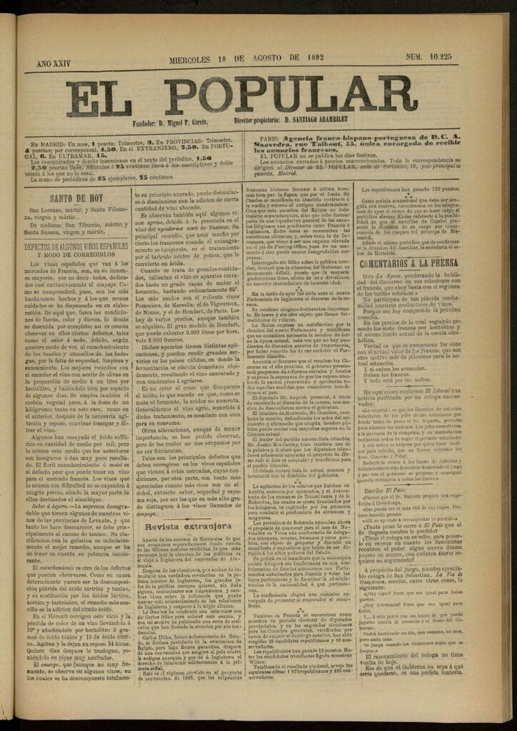 Miniatura de El Popular: diario independiente, político, literario y de noticias de interés general del 10 de agosto de 1892, nº 10225