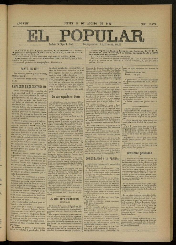 Miniatura de El Popular: diario independiente, político, literario y de noticias de interés general del 11 de agosto de 1892, nº 10226