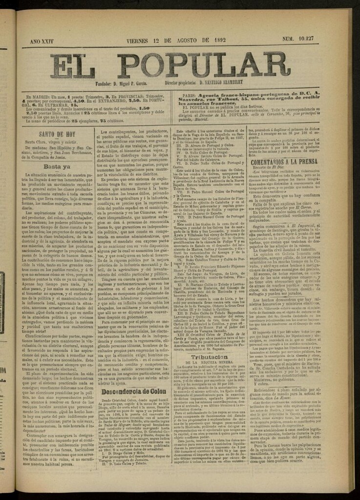 Miniatura de El Popular: diario independiente, político, literario y de noticias de interés general del 12 de agosto de 1892, nº 10227