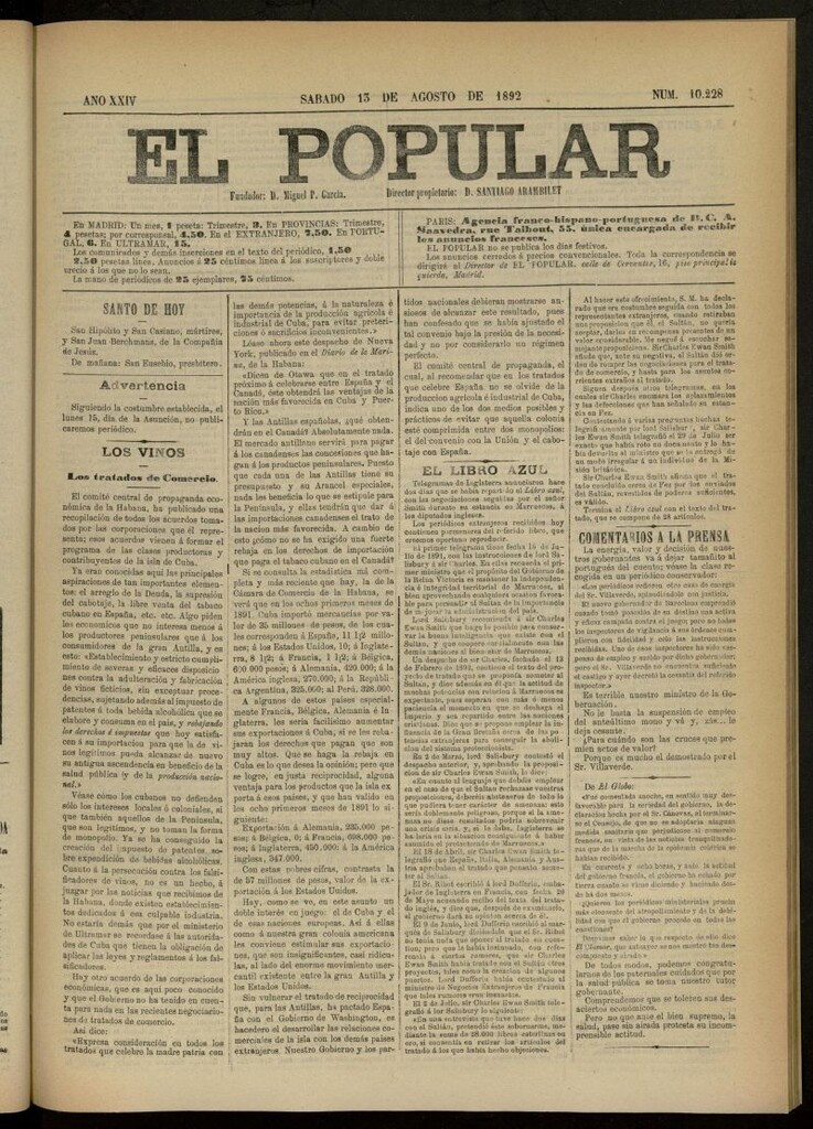 Miniatura de El Popular: diario independiente, político, literario y de noticias de interés general del 13 de agosto de 1892, nº 10228