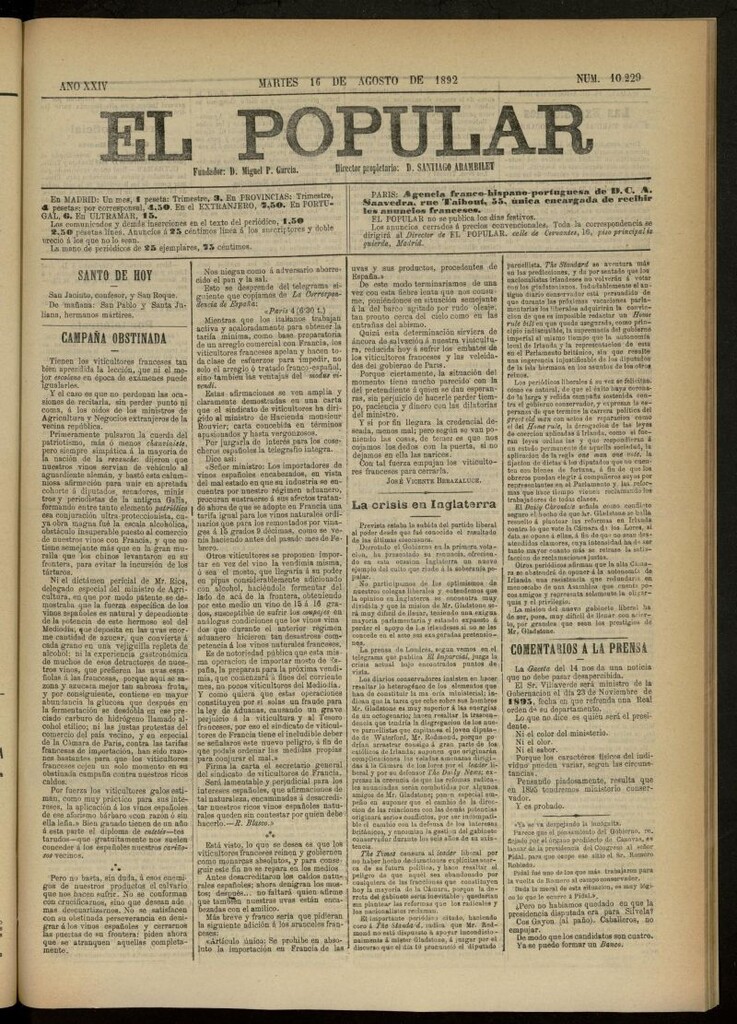 Miniatura de El Popular: diario independiente, político, literario y de noticias de interés general del 16 de agosto de 1892, nº 10229